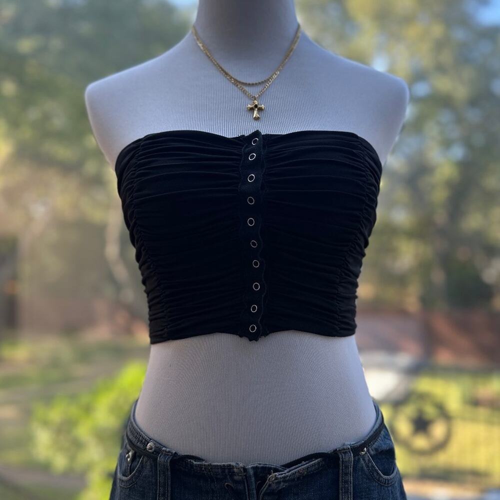 Forever 21 Black Ruched Tube Top Strapless Snap Front Crop Y2K Going Out XS